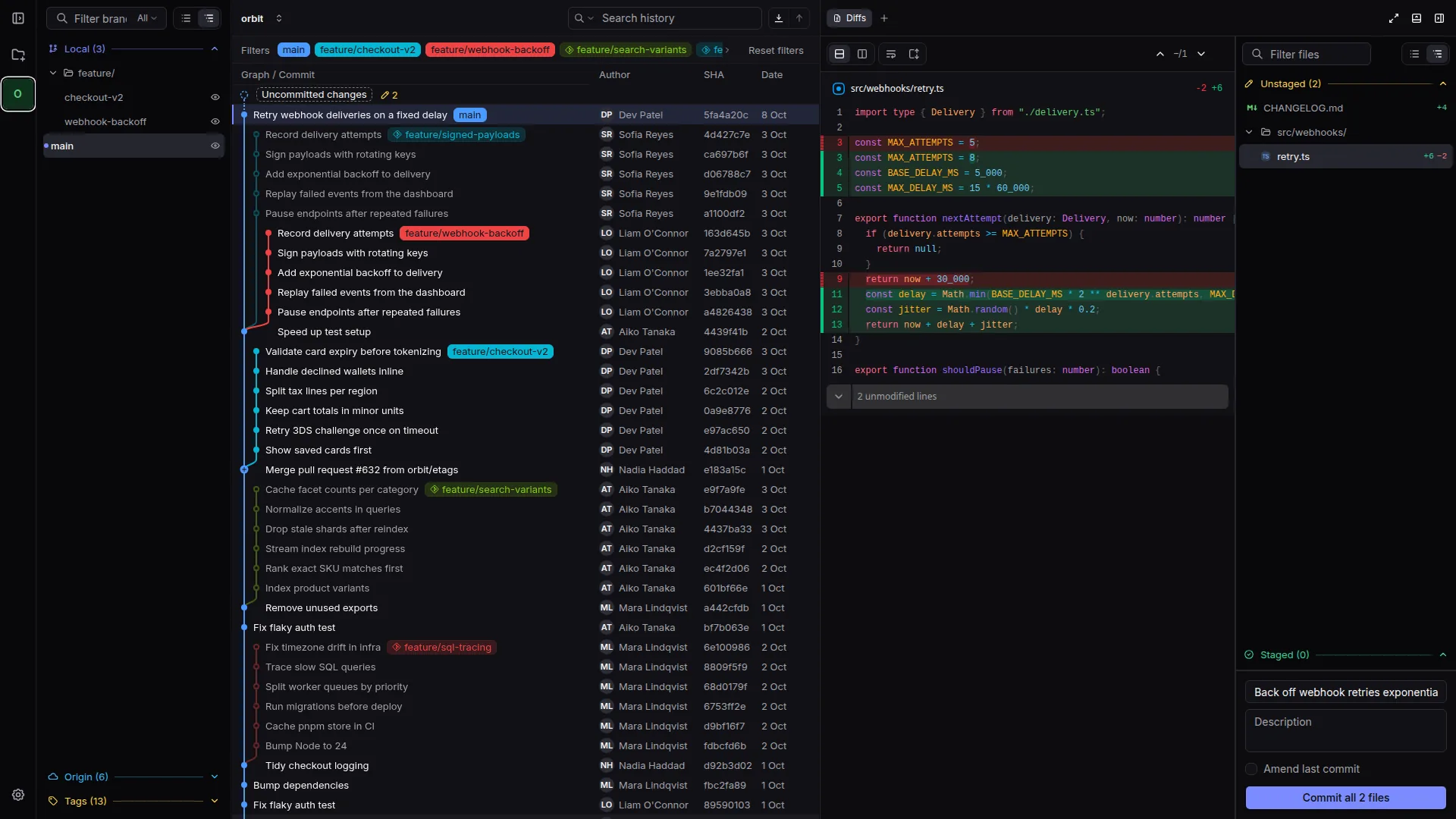 Rebase showing the commit graph of a repository with five branches, and the changes to a TypeScript file next to it